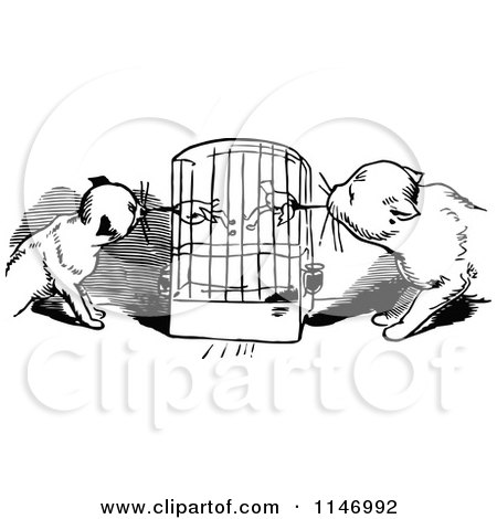 Clipart of Retro Vintage Black and White Cats Eating Budgies from a Cage - Royalty Free Vector Illustration by Prawny Vintage