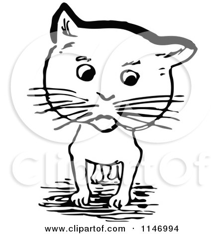Clipart of a Retro Vintage Black and White Cat - Royalty Free Vector Illustration by Prawny Vintage
