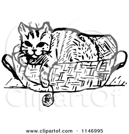 Clipart of a Retro Vintage Black and White Cat in a Basket with Yarn - Royalty Free Vector Illustration by Prawny Vintage
