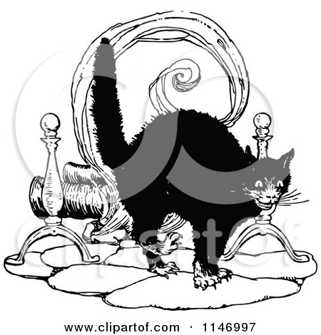 Clipart of a Retro Vintage Black and White Scared Cat - Royalty Free Vector Illustration by Prawny Vintage