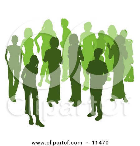 Two Women Chatting Among a Crowd of Silhouetted Green People Clipart Illustration by AtStockIllustration