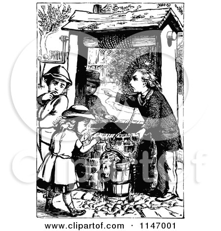 Clipart of a Retro Vintage Black and White Man and Children Rescuing a Cat from a Well - Royalty Free Vector Illustration by Prawny Vintage