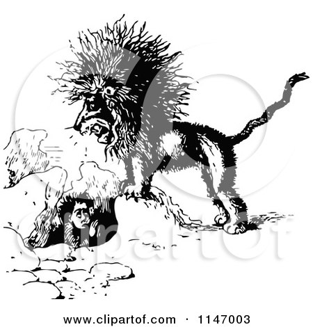 Clipart of a Retro Vintage Black and White Mad Lion and Boy in a Hole - Royalty Free Vector Illustration by Prawny Vintage