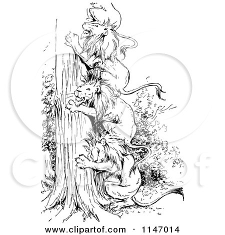 Clipart of Retro Vintage Black and White Lions Making a Ladder up a Tree - Royalty Free Vector Illustration by Prawny Vintage