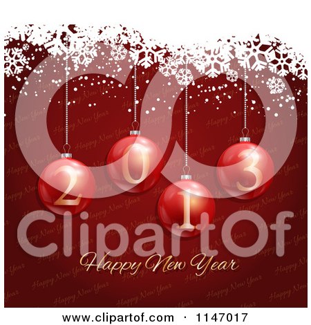 Clipart of a Red Happy New Year Bauble and Snowflake Grunge Background - Royalty Free Vector Illustration by KJ Pargeter