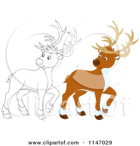 Cartoon of Colored and Outlined Christmas Reindeer Looking Back - Royalty Free Vector Clipart by Alex Bannykh