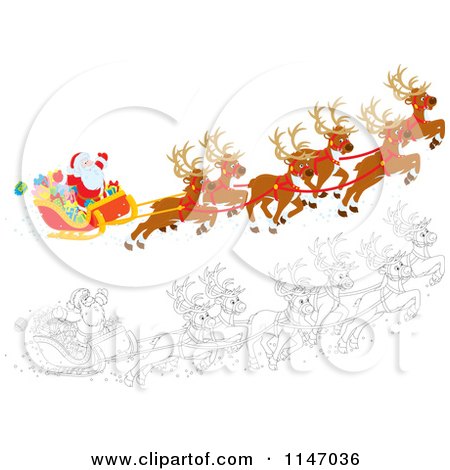Cartoon of Colored and Outlined Scenes of Santa with Magic Christmas Reindeer Flying His Sleigh 1 - Royalty Free Vector Clipart by Alex Bannykh