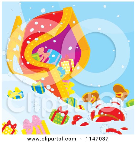 Cartoon of Santa and Christmas Gifts Scattered Around a Crashed Sleigh - Royalty Free Vector Clipart by Alex Bannykh