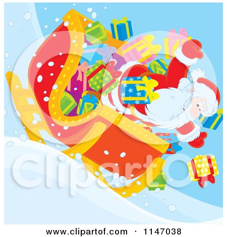 Cartoon of Santa and Christmas Gifts Tumbling out of a Sleigh - Royalty Free Vector Clipart by Alex Bannykh