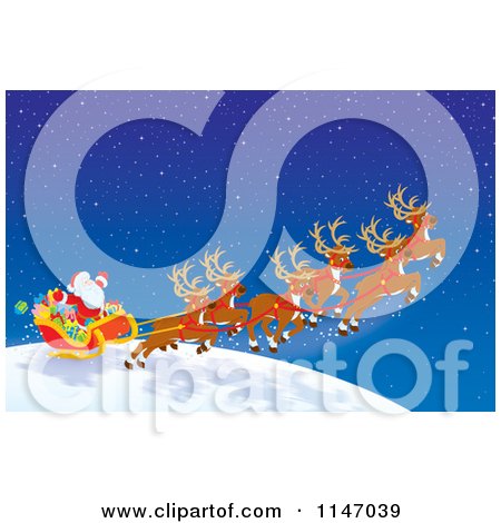 Cartoon of Santa with Magic Christmas Reindeer Flying the Sleigh - Royalty Free Clipart by Alex Bannykh