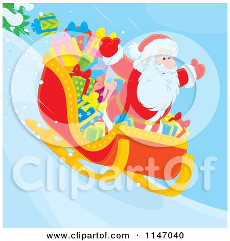 Cartoon of Santa and Christmas Gifts in a Sleigh - Royalty Free Vector Clipart by Alex Bannykh