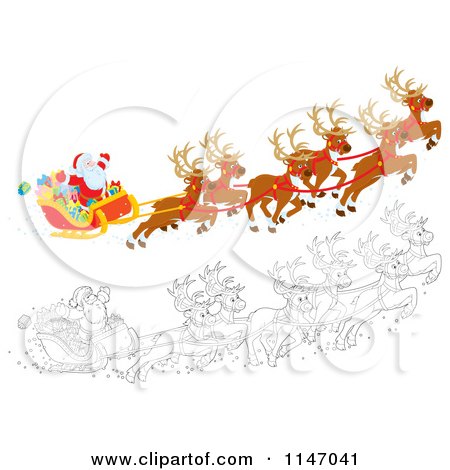 Cartoon of Colored and Outlined Scenes of Santa with Magic Christmas Reindeer Flying His Sleigh 2 - Royalty Free Clipart by Alex Bannykh
