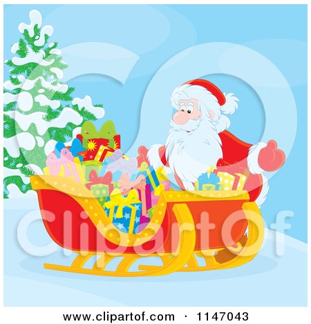 Cartoon of Santa with Christmas Gifts in His Sleigh - Royalty Free Vector Clipart by Alex Bannykh
