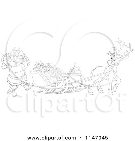 Cartoon of an Outlined Santa Loading Christmas Gifts into His Sleigh - Royalty Free Vector Clipart by Alex Bannykh