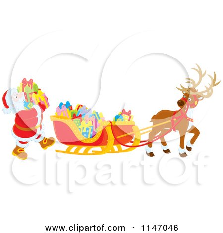 Cartoon of Santa Loading Christmas Gifts into His Sleigh - Royalty Free Vector Clipart by Alex Bannykh