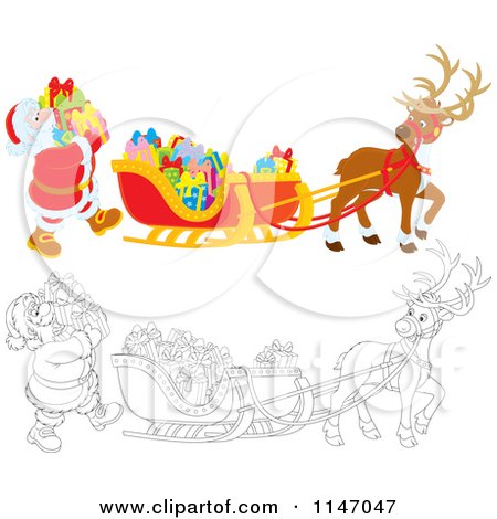 Cartoon of Colored and Outline Scenes of Santa Loading Christmas Gifts into His Sleigh - Royalty Free Vector Clipart by Alex Bannykh