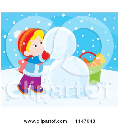 Cartoon of a Happy Boy Making a Snowman 2 - Royalty Free Vector Clipart by Alex Bannykh