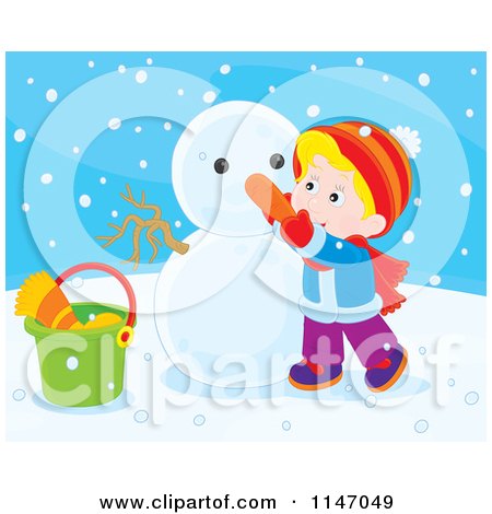 Cartoon of a Happy Boy Making a Snowman 3 - Royalty Free Vector Clipart by Alex Bannykh