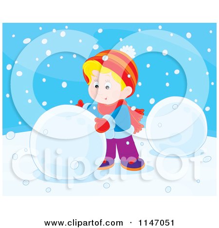 Cartoon of a Happy Boy Making a Snowman 1 - Royalty Free Vector Clipart by Alex Bannykh
