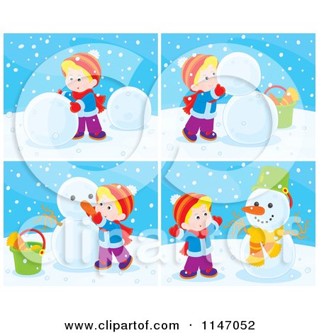 Cartoon of Scenes of a Happy Boy Making a Snowman - Royalty Free Vector Clipart by Alex Bannykh