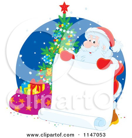 Cartoon of Santa Lholding a List by a Christmas Tree - Royalty Free Vector Clipart by Alex Bannykh