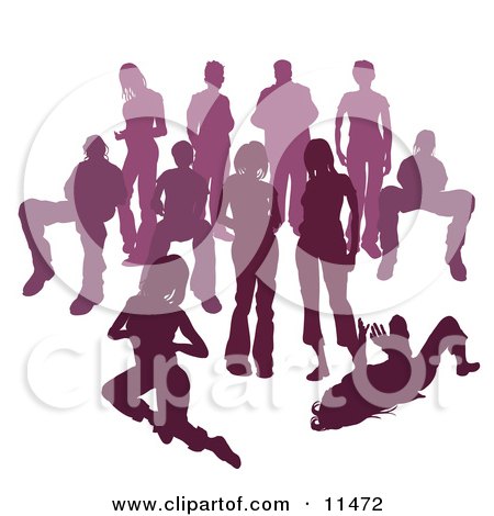 Crowd of Purple Silhouetted People Clipart Illustration by AtStockIllustration
