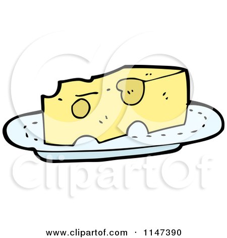 Cartoon of a Cheese Wedge on a Plate - Royalty Free Vector Clipart by lineartestpilot