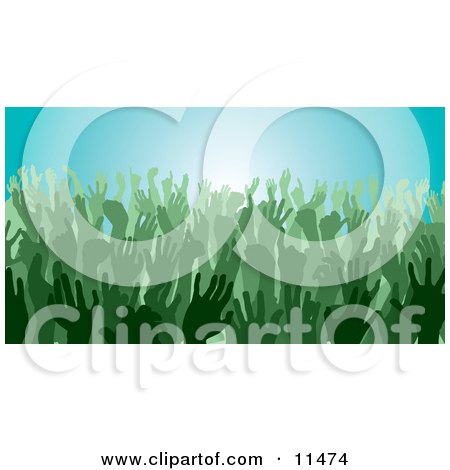 Green Group of Silhouetted Hands in a Crowd Clipart Illustration by AtStockIllustration