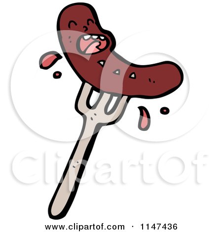 Cartoon of a Sausage Mascot on a Fork - Royalty Free Vector Clipart by lineartestpilot