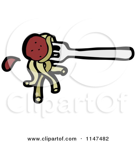 Cartoon of a Meatball and Spaghetti on a Fork - Royalty Free Vector Clipart by lineartestpilot