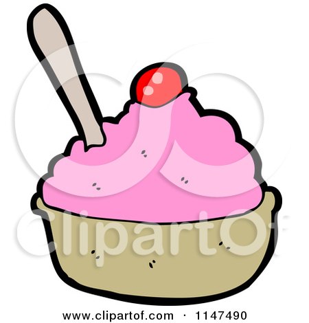 Cartoon of a Bowl of Strawberry Ice Cream with a Cherry - Royalty Free Vector Clipart by lineartestpilot