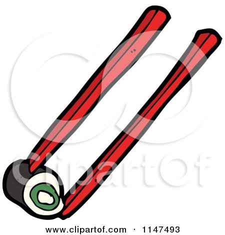 Cartoon of Chopsticks and Sushi - Royalty Free Vector Clipart by lineartestpilot