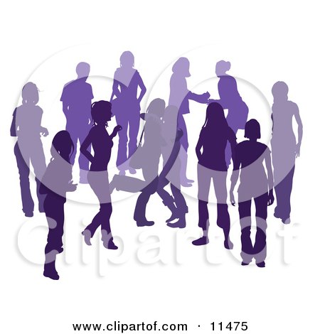 Purple Group of Silhouetted People Hanging Out in a Crowd, Two Friends Hugging Clipart Illustration by AtStockIllustration