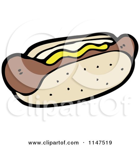 Cartoon of a Hot Dog with Mustard in a Bun - Royalty Free Vector Clipart by lineartestpilot