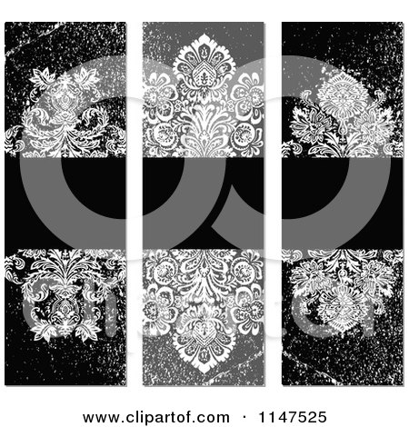 Clipart of Grungy Grayscale Vertical Damask Labels with Copyspace - Royalty Free Vector Illustration by BestVector