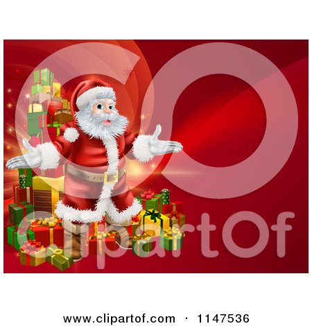 Cartoon of a Red Christmas Background with Santa and a Tower of Gifts - Royalty Free Vector Clipart by AtStockIllustration