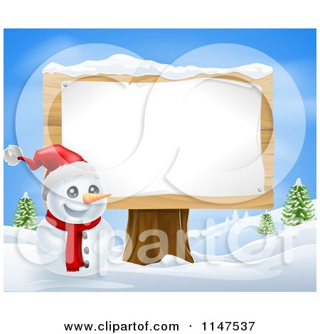 Cartoon of a Happy Snowman with a Santa Hat and Sign on a Stump - Royalty Free Vector Clipart by AtStockIllustration