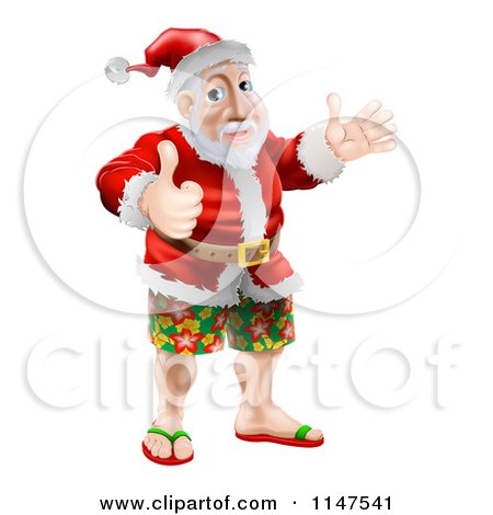 Cartoon of a Thumb up Happy Santa Wearing Bermuda Shorts and Sandals - Royalty Free Vector Clipart by AtStockIllustration