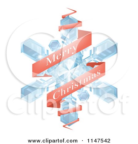Clipart of a Red Merry Christmas Greeting Banner Around a Snowflake - Royalty Free Vector Illustration by AtStockIllustration