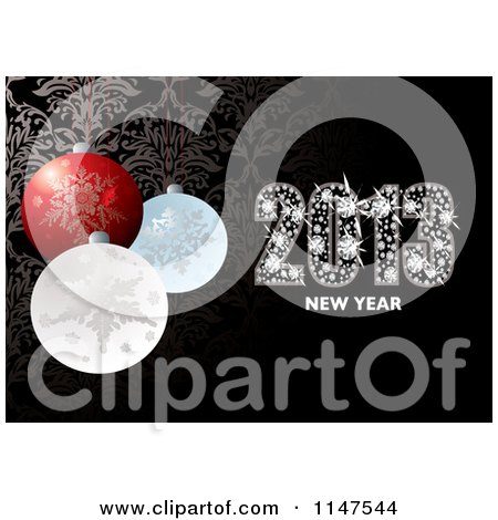 Clipart of Diamond 2013 New Year Text and Christmas Baubles over Damask| Royalty Free Vector Illustration by michaeltravers