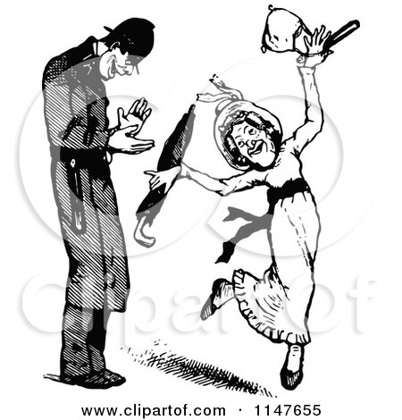 Clipart of a Retro Vintage Black and White Policeman and Dancing Woman - Royalty Free Vector Illustration by Prawny Vintage
