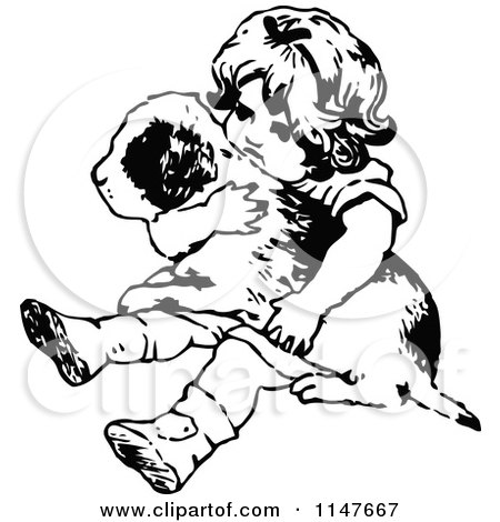 Clipart of a Retro Vintage Black and White Girl Holding a Puppy - Royalty Free Vector Illustration by Prawny Vintage