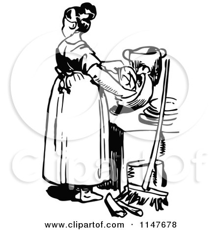 Clipart of a Retro Vintage Black and White Woman in a Kitchen 2 - Royalty Free Vector Illustration by Prawny Vintage