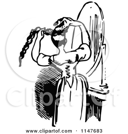 Clipart of a Retro Vintage Black and White Woman Fixing Her Long Hair - Royalty Free Vector Illustration by Prawny Vintage