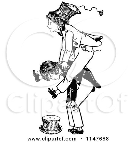 Clipart of Retro Vintage Black and White Boys Playing Leap Frog - Royalty Free Vector Illustration by Prawny Vintage