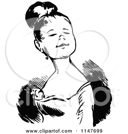 Clipart of a Retro Vintage Black and White Grinning Young Woman - Royalty Free Vector Illustration by Prawny Vintage
