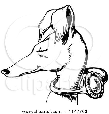 Clipart of a Retro Vintage Black and White Slender Dog with a Ring on Its Neck - Royalty Free Vector Illustration by Prawny Vintage