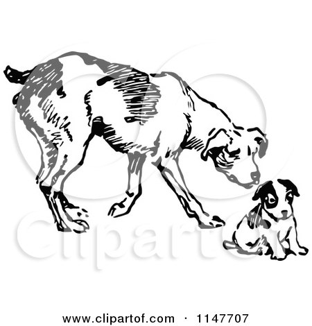 Clipart of a Retro Vintage Black and White Dog and Puppy - Royalty Free Vector Illustration by Prawny Vintage