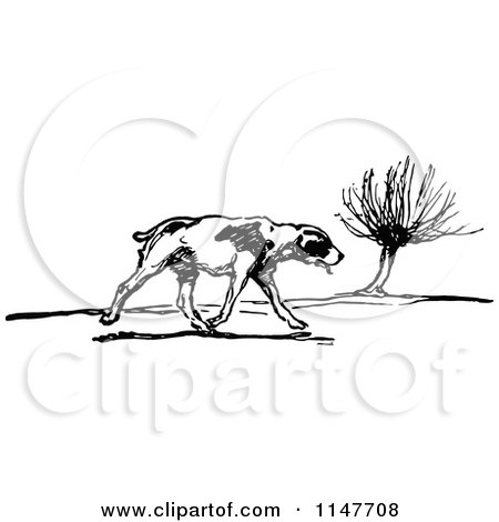 Clipart of a Retro Vintage Black and White Dog Wandering - Royalty Free Vector Illustration by Prawny Vintage
