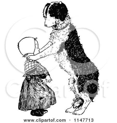 Clipart of a Retro Vintage Black and White Dog Resting Its Paws on a Girls Shoulders - Royalty Free Vector Illustration by Prawny Vintage